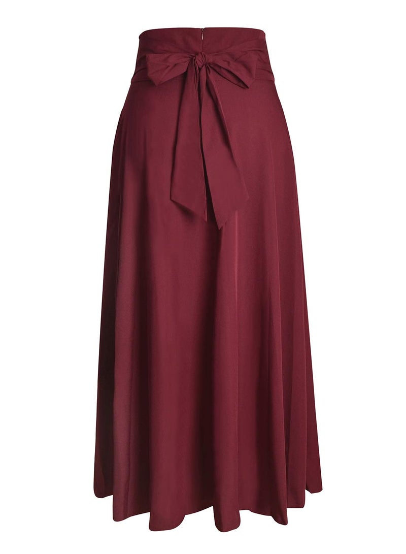 RANPHEE Long Skirts for Women Trendy 2026 Spring Fashion Burgundy Flowy Dressy Casual Maxi Pleated High Waist Maroon Flattering Skirt to Hide Tummy M - Image 3